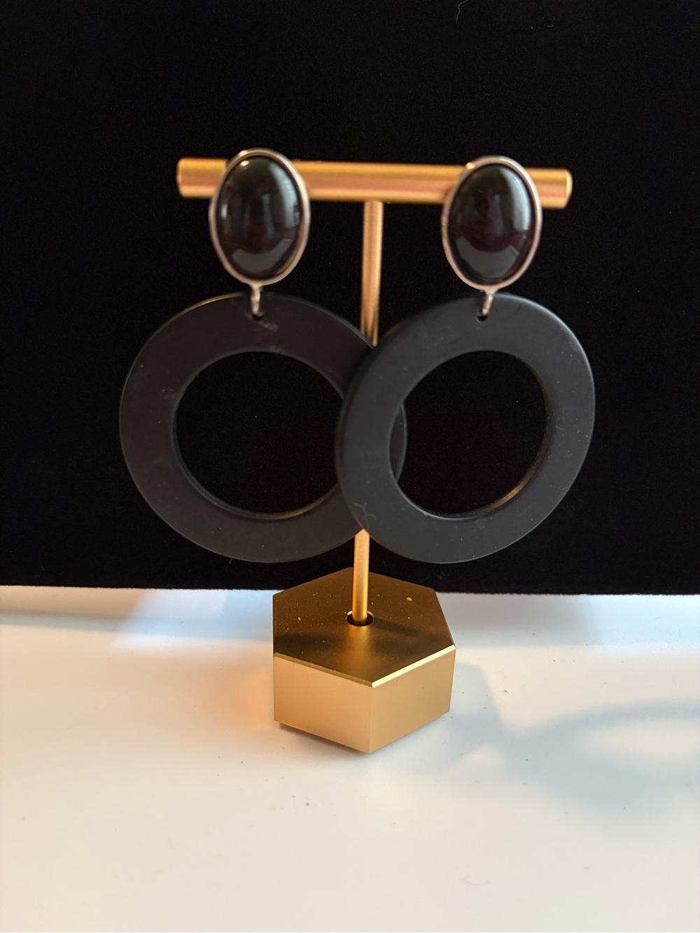 Vintage Source Unknown Black Oval Stud Hoop Drop Earrings